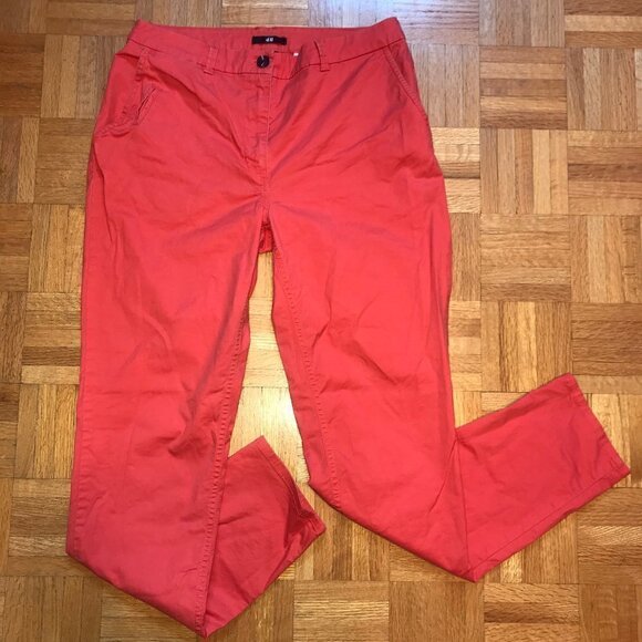 H&M Cotton Blend Pants Size 6 Red Orange Tapered Y2K Minimalist Chic Essential - Picture 3 of 12